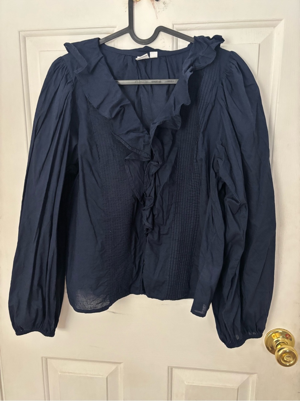 GAP Navy Ruffle Front Long Sleeve Blouse